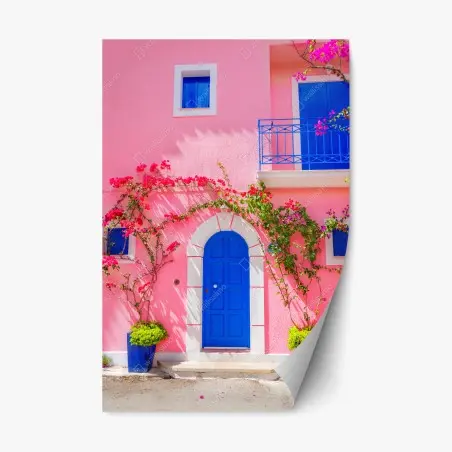 Repositionable sticker vibrant pink facade with blue door • Wallissimo®