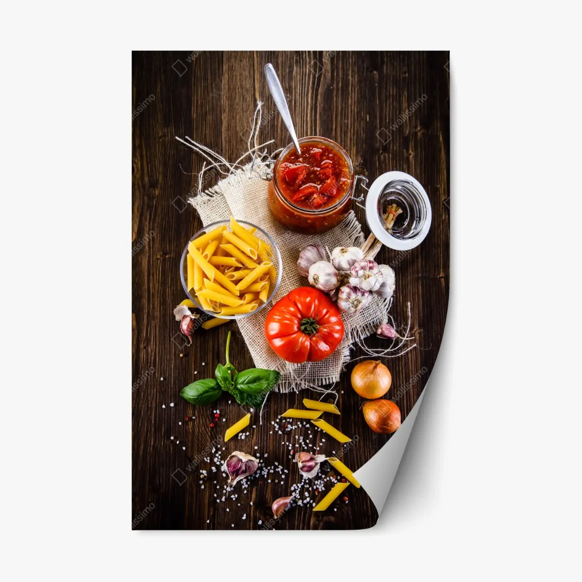 Repositionable sticker rustic italian pasta ingredients flat lay • Wallissimo® Repositionable sticker rustic italian pasta ingredients flat lay • Wallissimo®