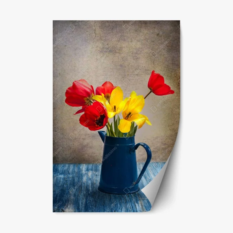 Repositionable sticker vibrant tulip bouquet in a blue vintage pitcher