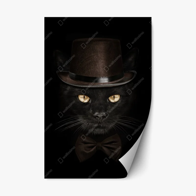 Repositionable sticker dapper black cat in top hat and bow tie