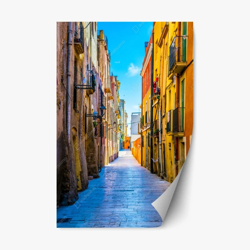 Repositionable sticker sunlit Mediterranean street with colorful facades