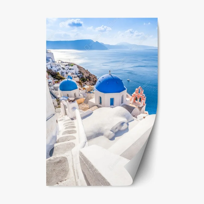 Repositionable sticker sunlit Santorini blue domes and sea view