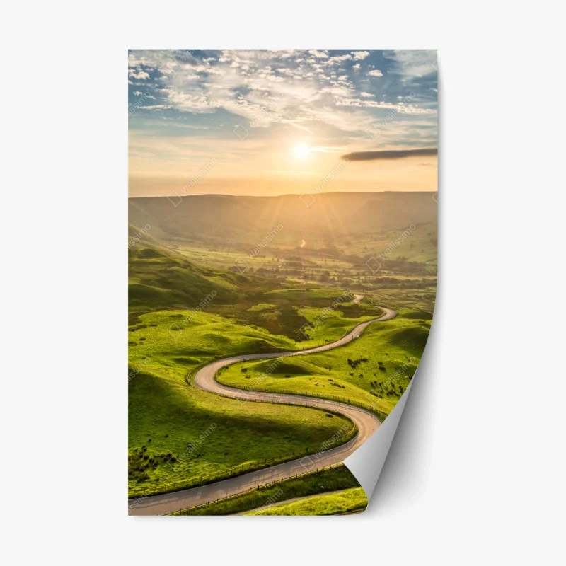 Repositionable sticker golden sunset over winding country road