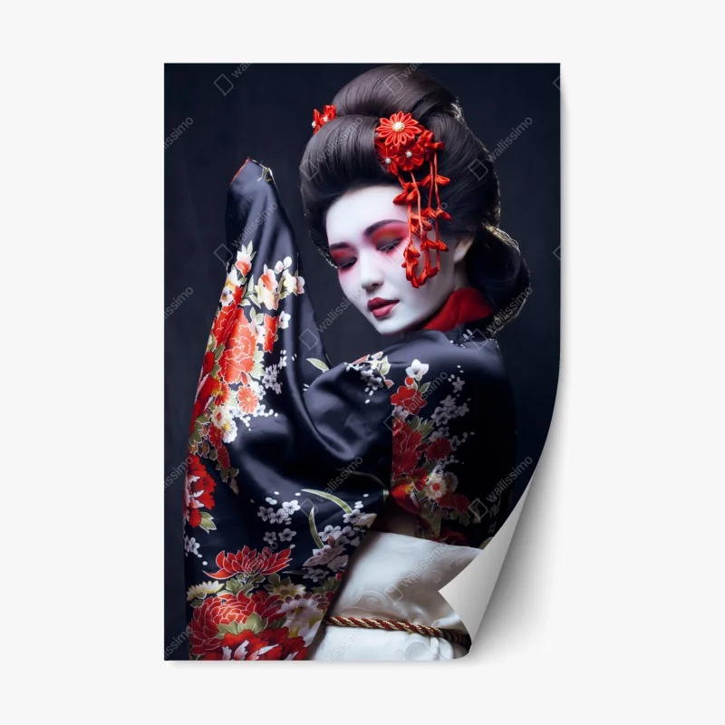 Repositionable sticker elegant geisha portrait in red and black kimono