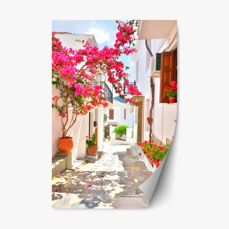 Repositionable sticker sunlit mediterranean alley with bougainvillea