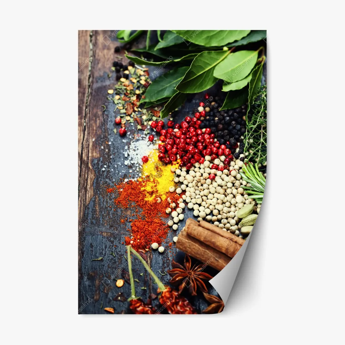 Repositionable sticker vibrant spice assortment on rustic wood • Wallissimo®