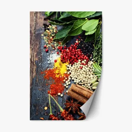 Repositionable sticker vibrant spice assortment on rustic wood • Wallissimo®