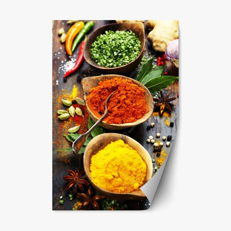 Repositionable sticker vibrant spices and herbs on wood