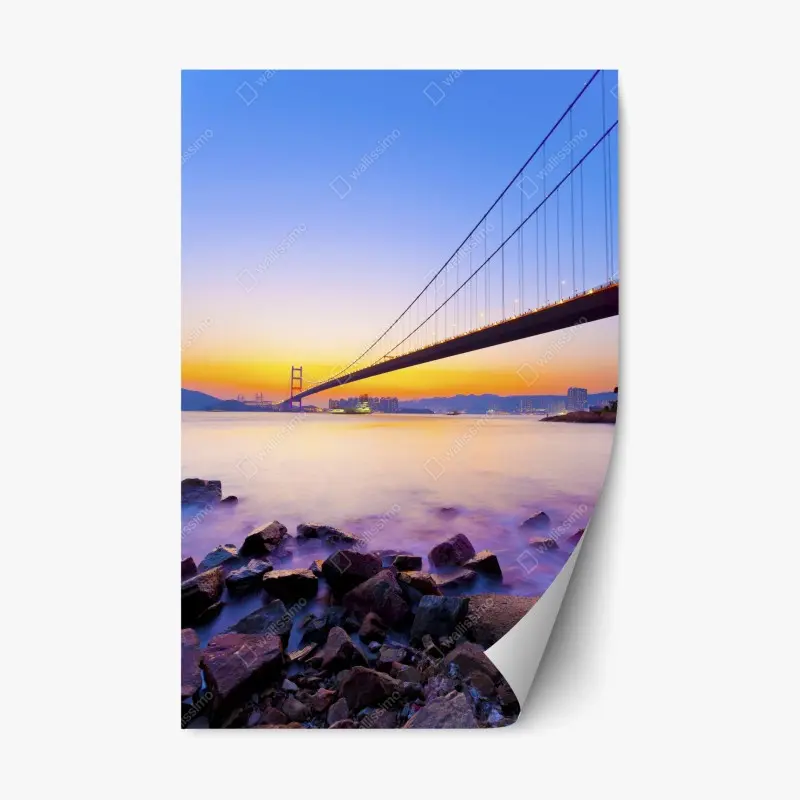Repositionable sticker golden sunset over suspension bridge