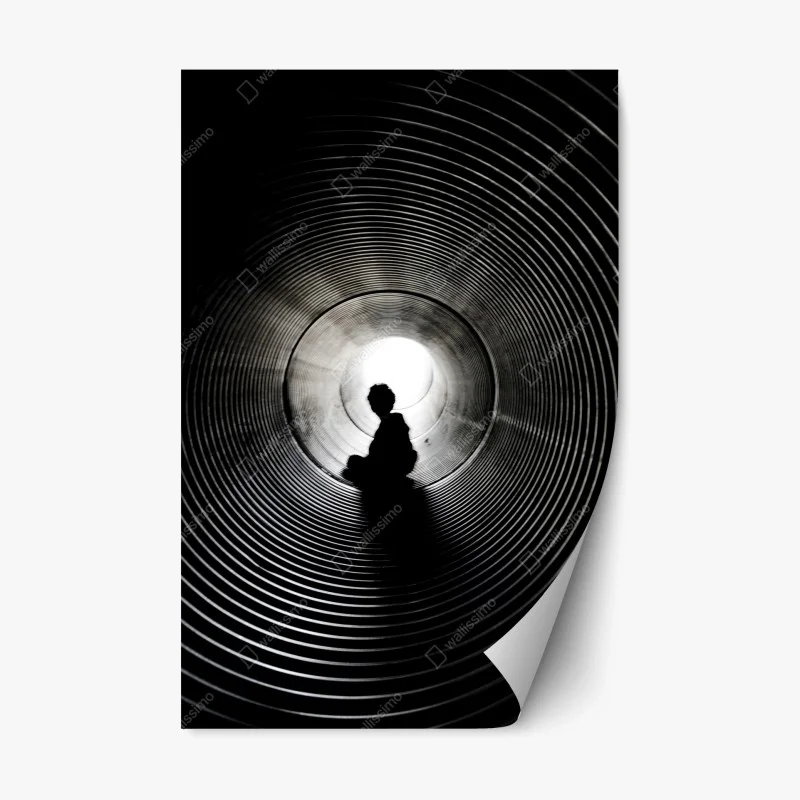 Repositionable sticker silhouette in a spiral tunnel