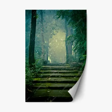 Repositionable sticker moss-covered stone path into a misty forest • Wallissimo®