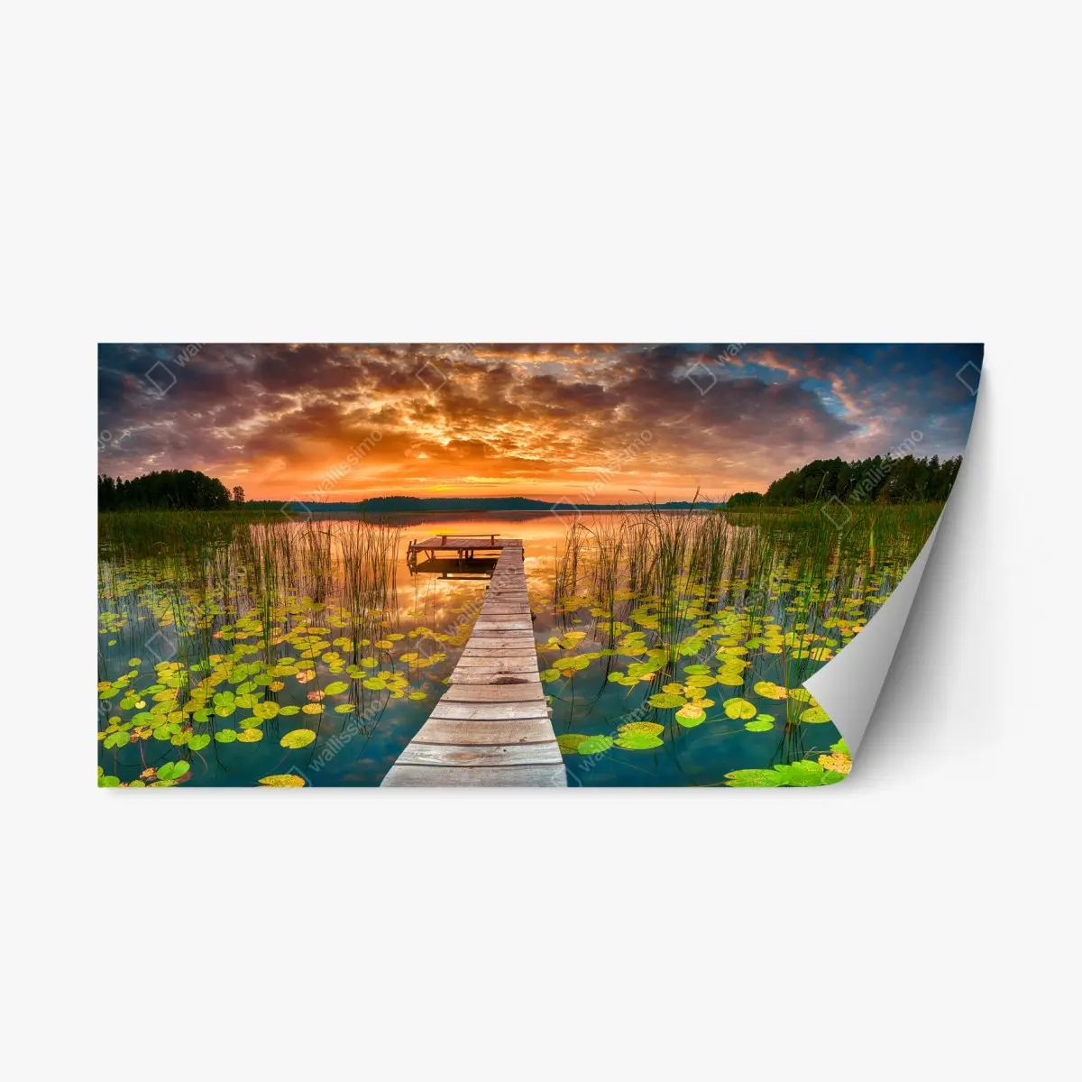 Repositionable sticker sunrise over tranquil lake with wooden pier • Wallissimo® Repositionable sticker sunrise over tranquil lake with wooden pier • Wallissimo®