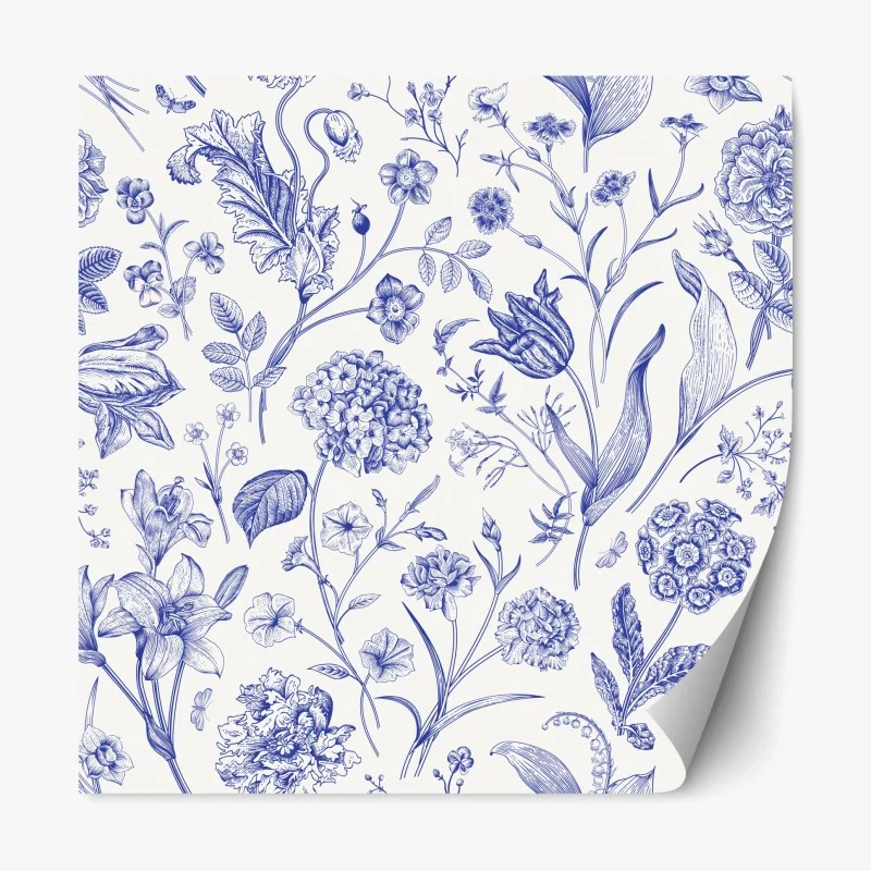 Repositionable sticker classic blue toile floral pattern