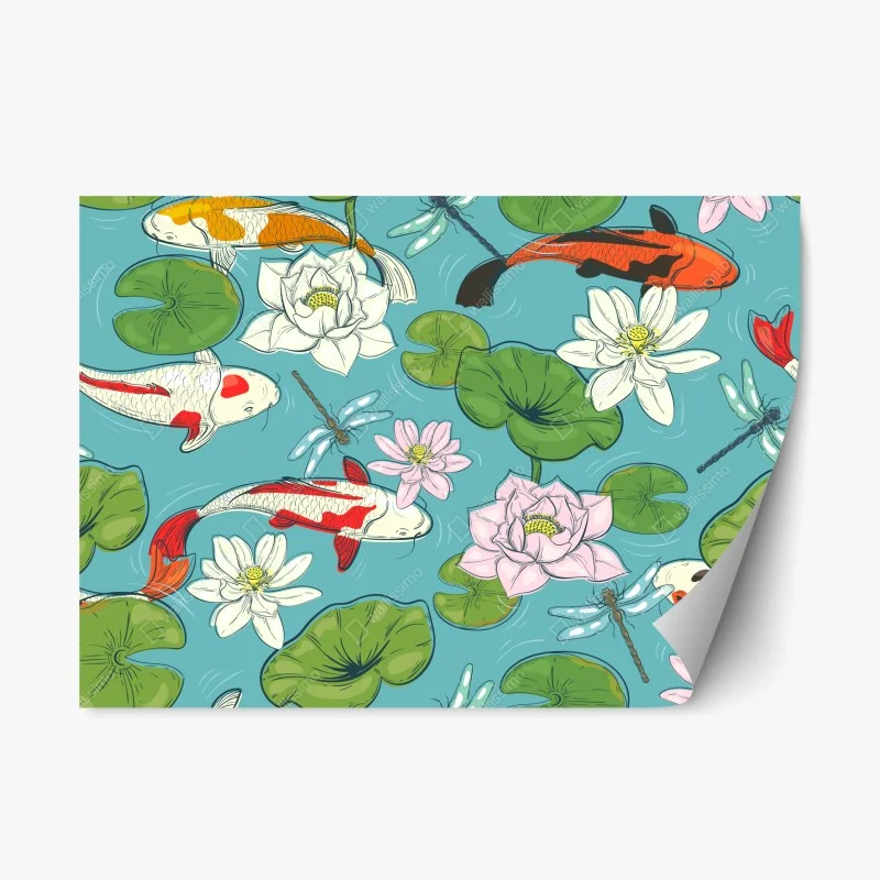 Repositionable sticker tranquil koi pond illustration