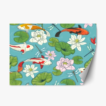 Repositionable sticker tranquil koi pond illustration • Wallissimo®