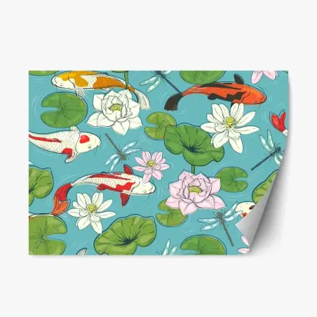 Repositionable sticker tranquil koi pond illustration • Wallissimo®