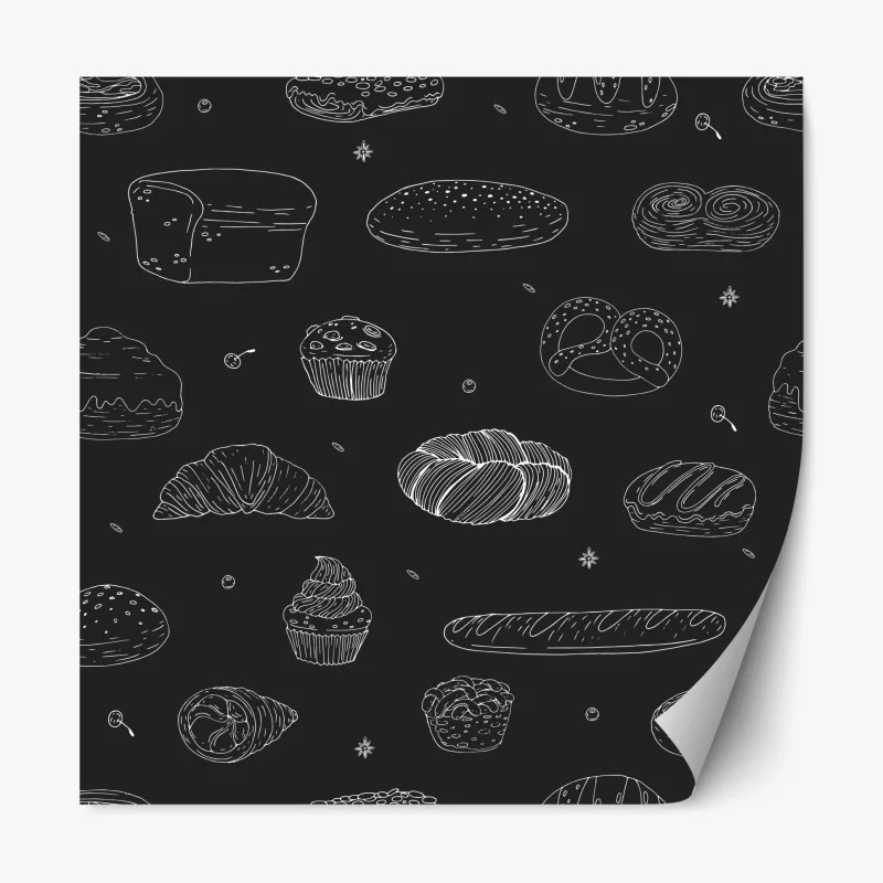 Repositionable sticker hand-drawn bakery pattern on dark background