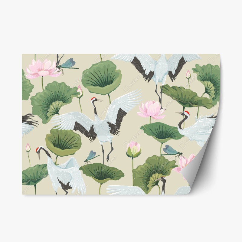 Repositionable sticker elegant crane and lotus botanical pattern