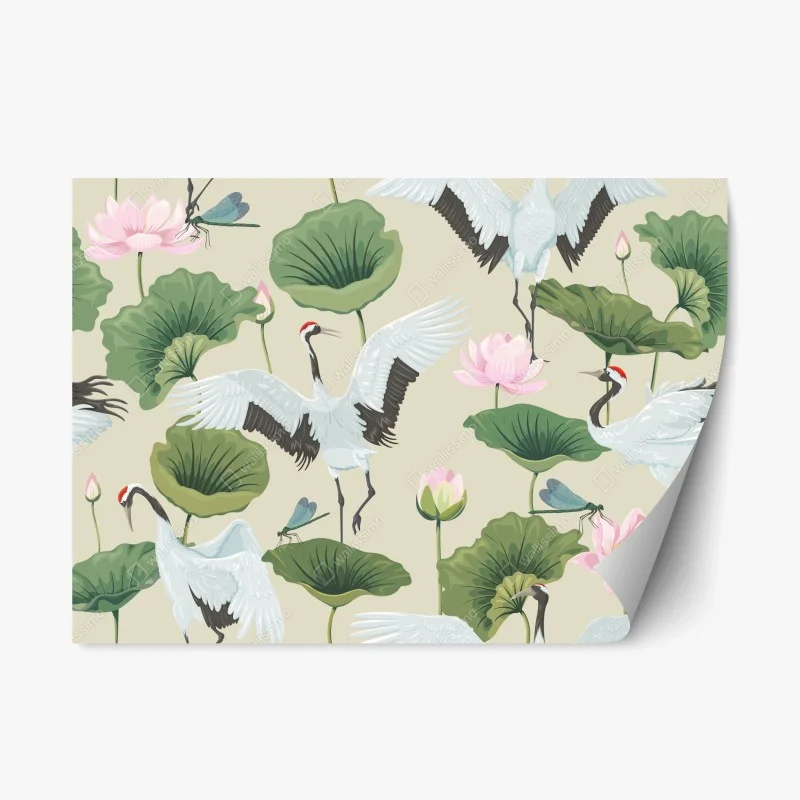 Repositionable sticker elegant crane and lotus botanical pattern