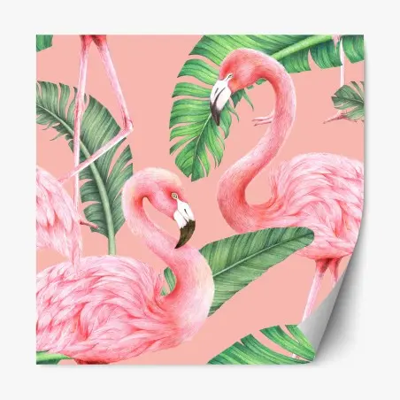 Repositionable sticker pink flamingo pattern with tropical leaves • Wallissimo®