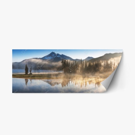 Repositionable sticker misty mountain reflection at sunrise • Wallissimo®
