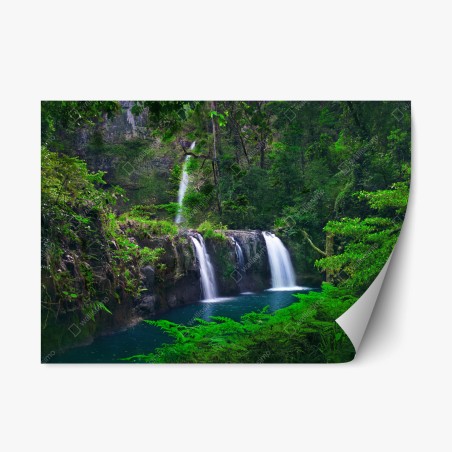 Repositionable sticker calming waterfall in emerald forest • Wallissimo®