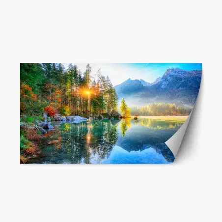 Repositionable sticker Hintersee autumn sunrise over turquoise lake • Wallissimo®