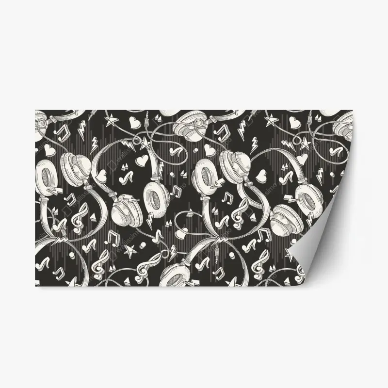 Repositionable sticker monochrome headphones and music notes pattern