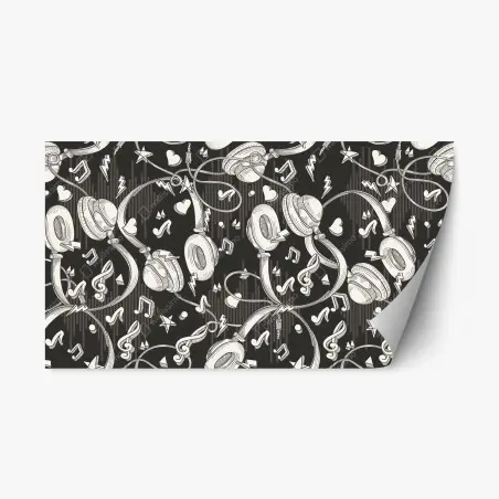 Repositionable sticker monochrome headphones and music notes pattern • Wallissimo®
