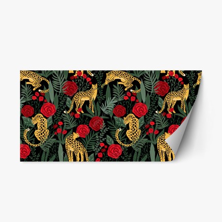 Repositionable sticker golden leopards and red roses pattern • Wallissimo®