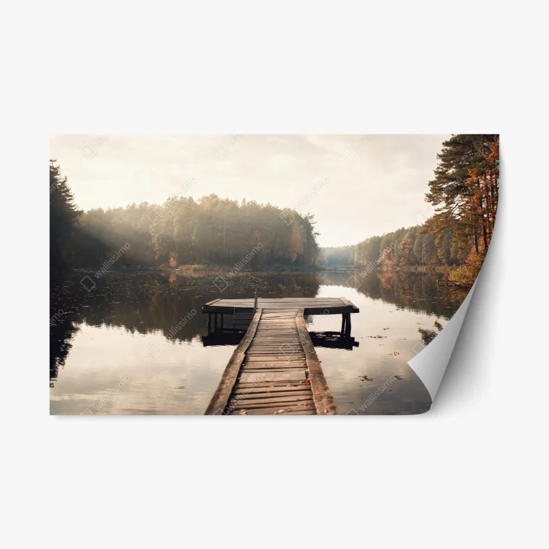 Repositionable sticker autumn morning at the lakeside dock