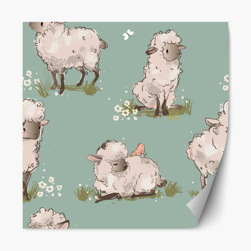 Repositionable sticker cute lambs pattern on turquoise background