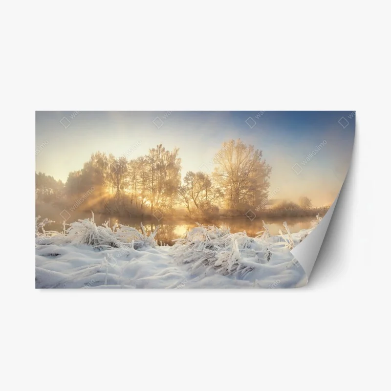 Repositionable sticker golden winter sunrise over frosty river