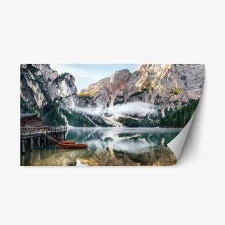 Repositionable sticker misty alpine lake reflection • Wallissimo®