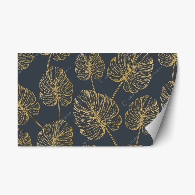 Repositionable sticker gold monstera leaves on dark background