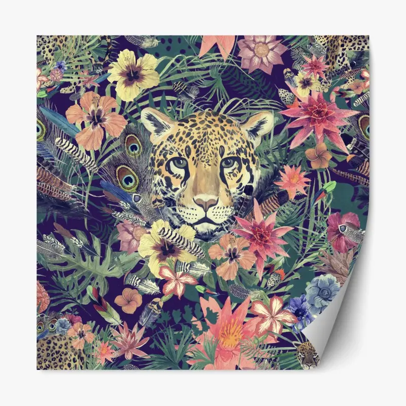 Repositionable sticker vintage watercolor leopard in tropical foliage