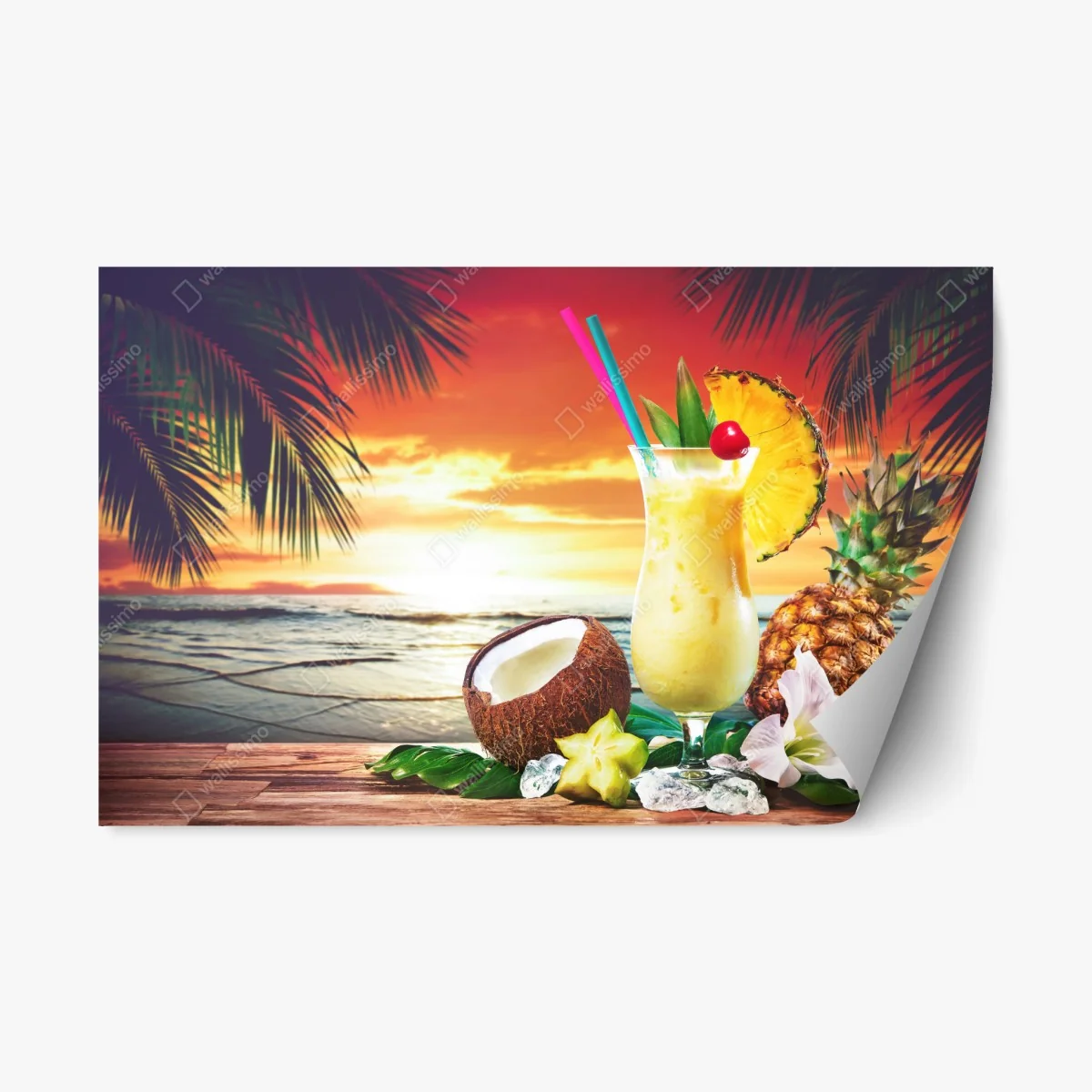 Repositionable sticker tropical pineapple and coconut sunset • Wallissimo® Repositionable sticker tropical pineapple and coconut sunset • Wallissimo®