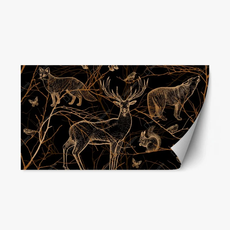 Repositionable sticker golden forest animals on black