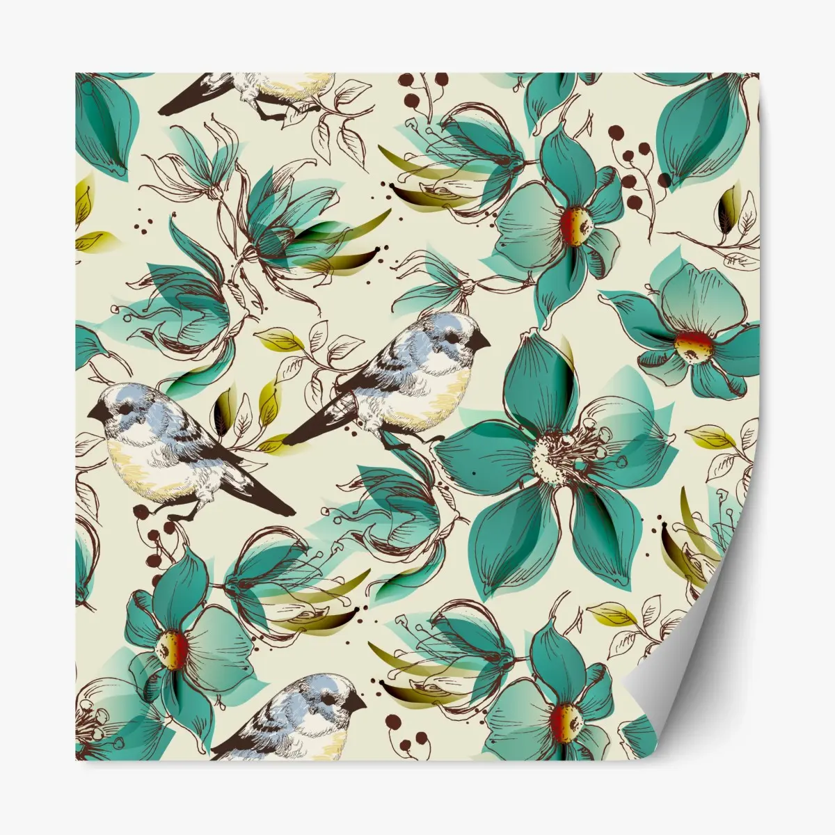 Repositionable sticker retro teal floral and bird pattern • Wallissimo® Repositionable sticker retro teal floral and bird pattern • Wallissimo®