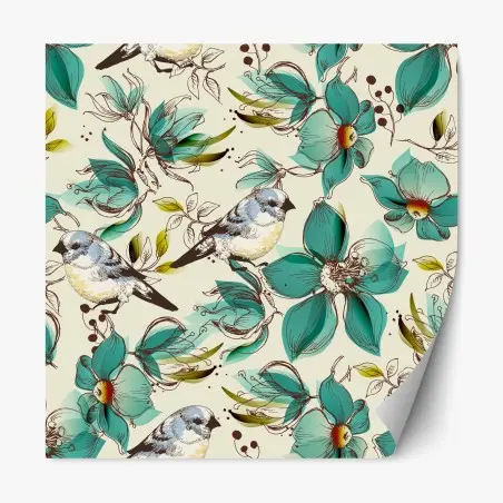 Repositionable sticker retro teal floral and bird pattern • Wallissimo®