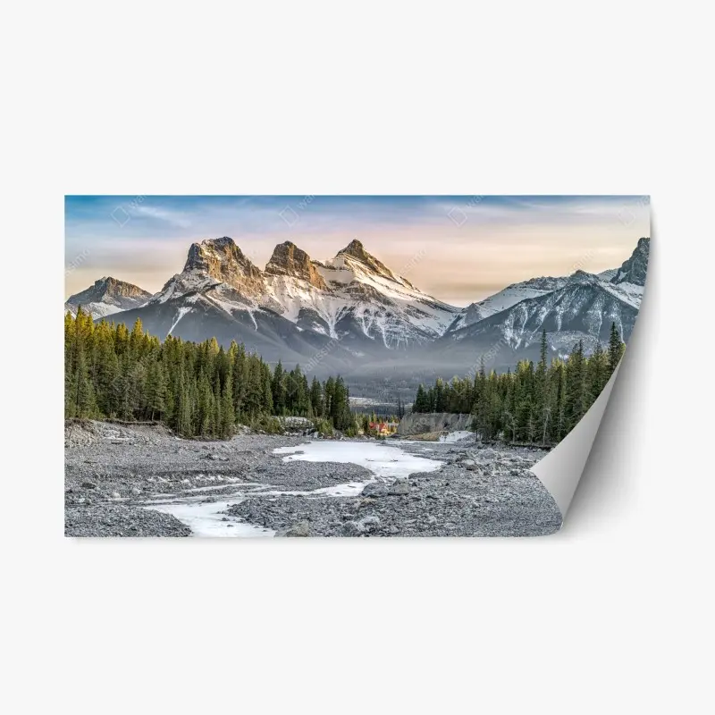 Repositionable sticker majestic mountain peaks and pine forest