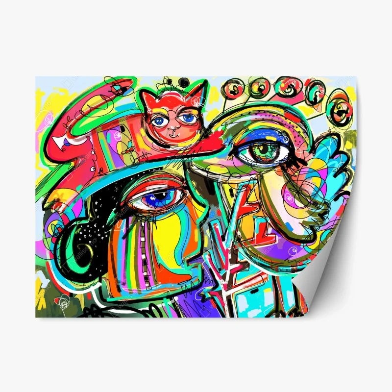 Repositionable sticker vibrant abstract faces with cat and bird
