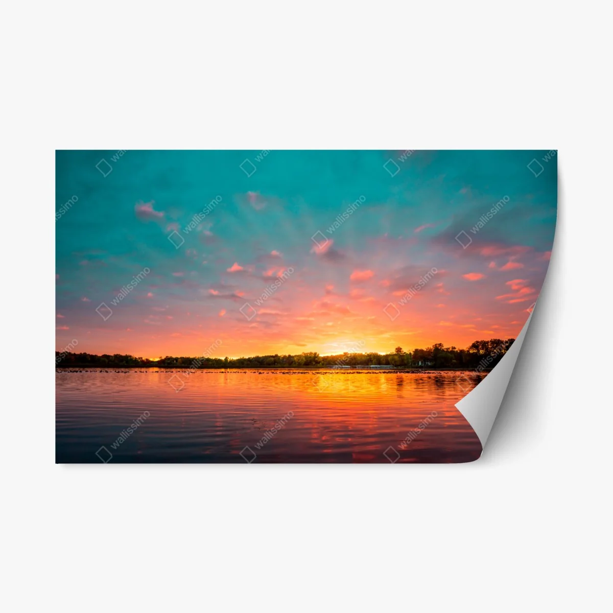 Repositionable sticker turquoise sunset over tranquil lake • Wallissimo® Repositionable sticker turquoise sunset over tranquil lake • Wallissimo®