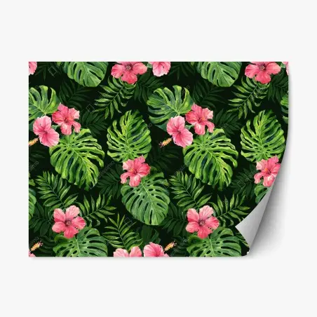 Repositionable sticker tropical monstera and hibiscus botanical pattern • Wallissimo®