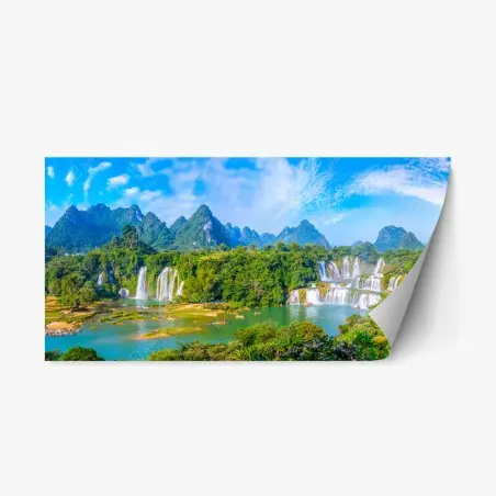 Repositionable sticker lush waterfall panorama with karst mountains • Wallissimo®