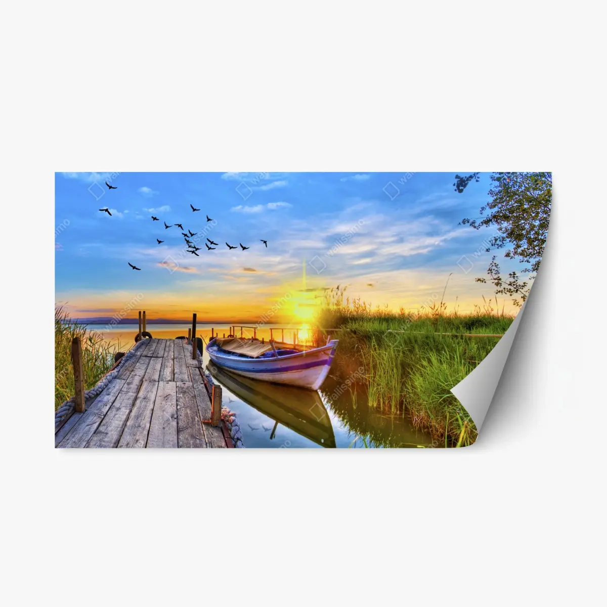Repositionable sticker sunset boat at tranquil lake pier • Wallissimo® Repositionable sticker sunset boat at tranquil lake pier • Wallissimo®