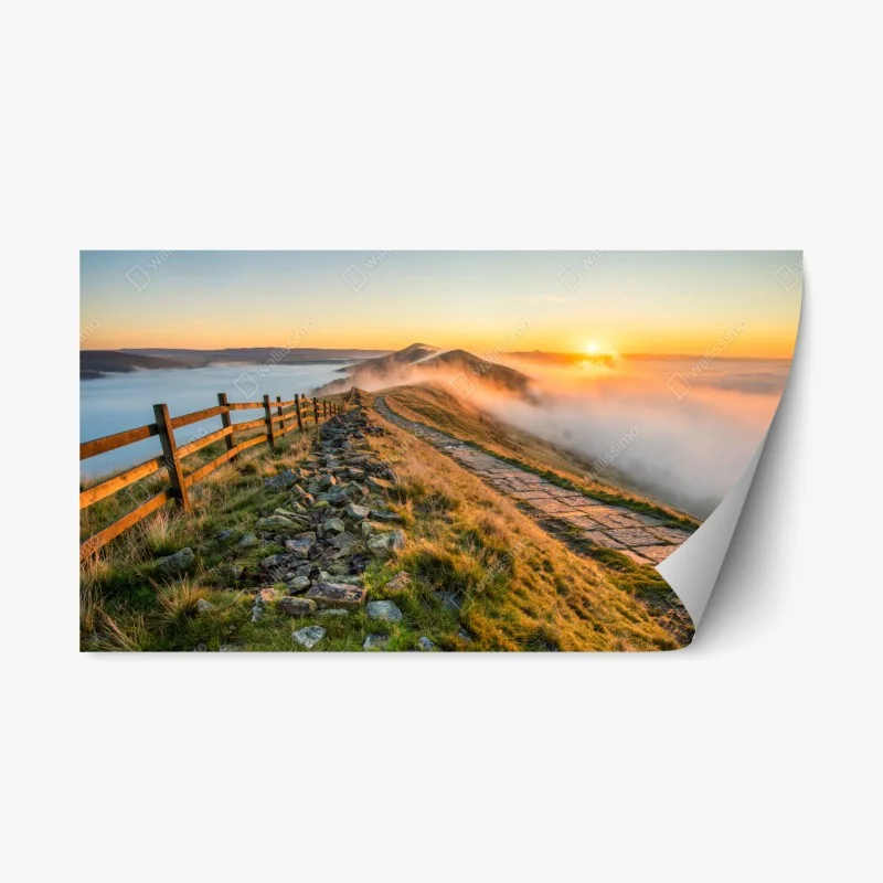 Repositionable sticker sunrise over a misty ridge with a stone path
