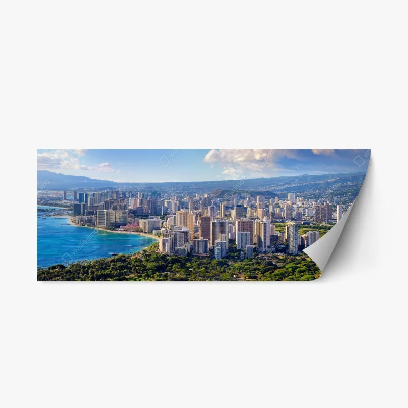Repositionable sticker panoramic tropical city skyline by the sea