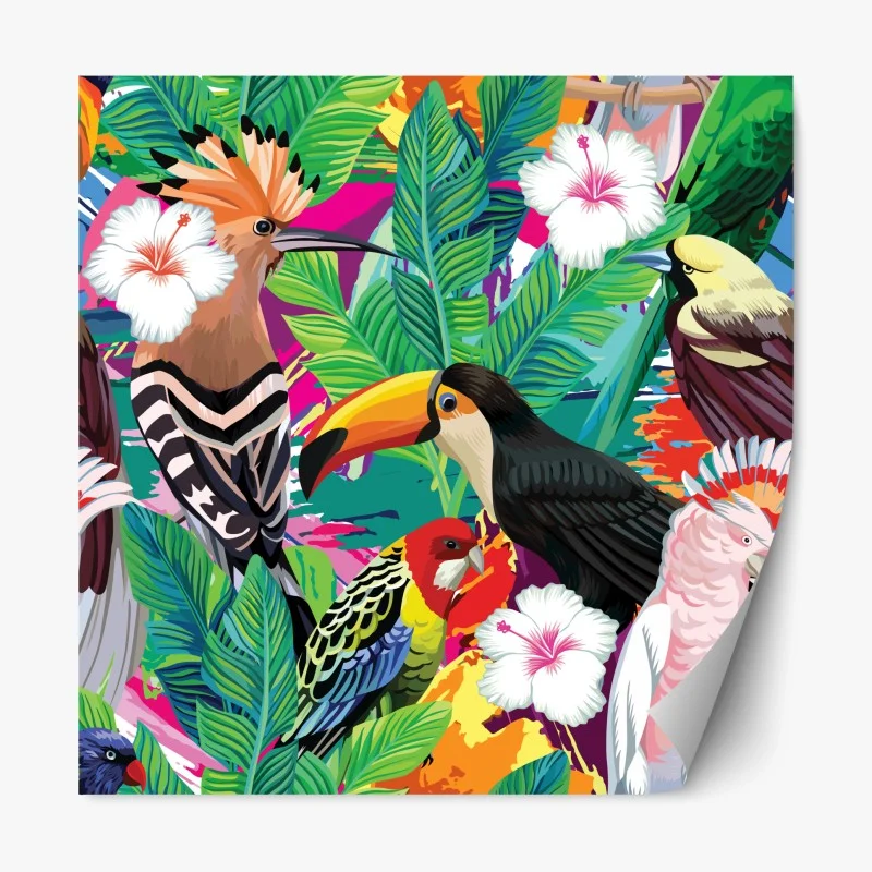 Repositionable sticker vibrant tropical birds jungle scene