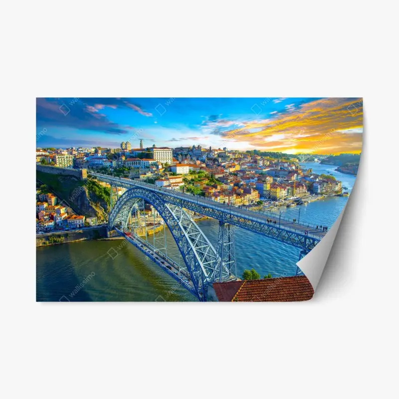 Repositionable sticker sunlit Porto bridge cityscape at sunset